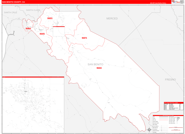 San Benito County, CA Wall Map Red Line Style